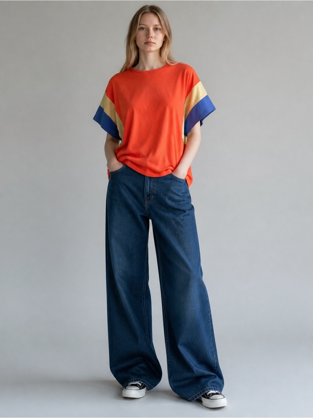 Hailey & Co Bright Orange Tee with Contrasting Stripe Sleeves NWT